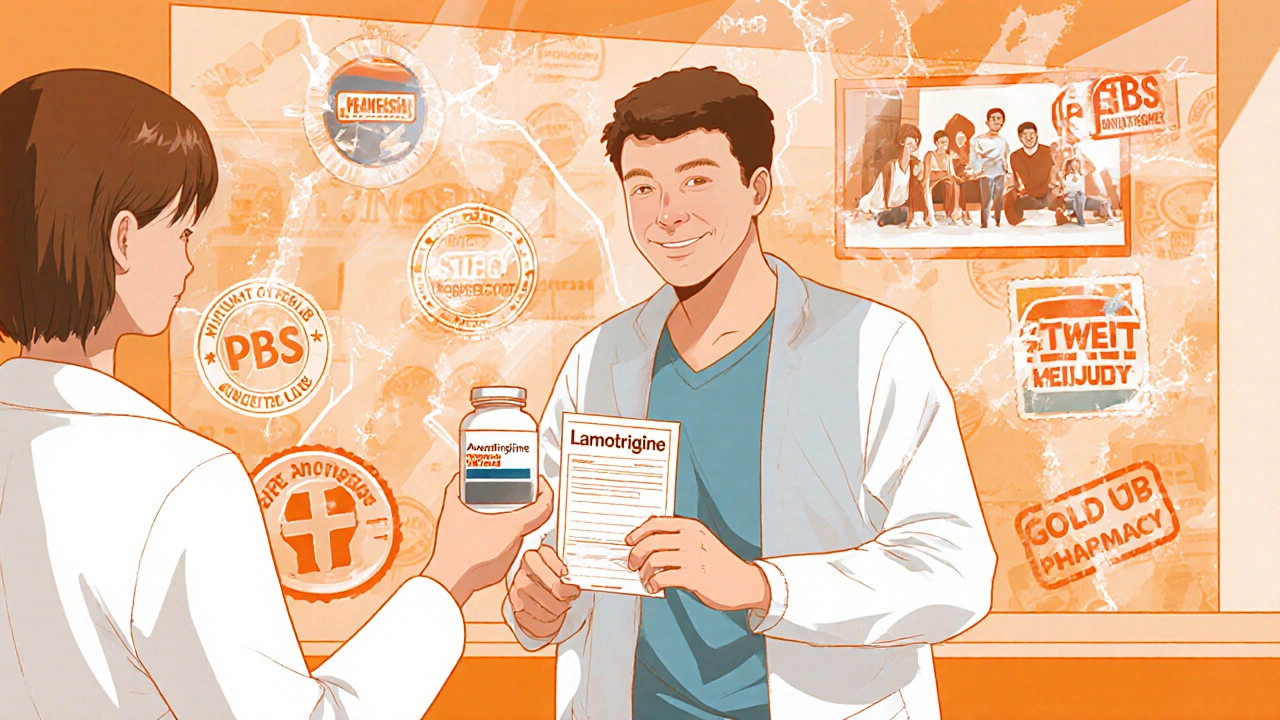 A patient receiving genuine lamotrigine from a pharmacist in a bright pharmacy, with safe medication symbols glowing behind them.