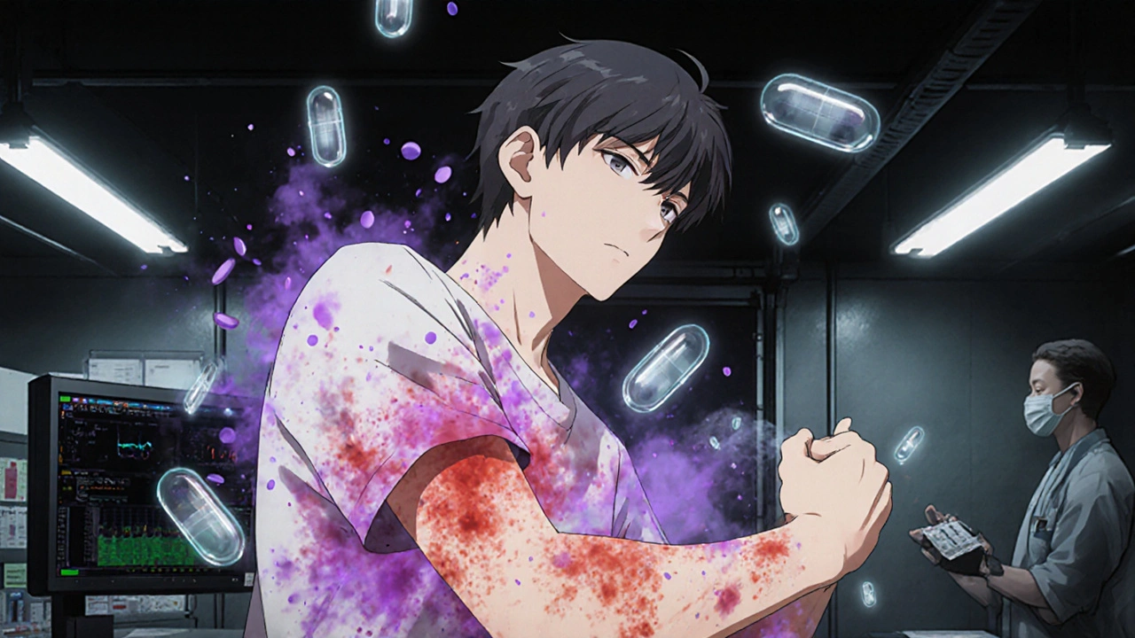 A patient with a spreading rash, surrounded by toxic smoke from counterfeit pills, while a doctor monitors their condition.