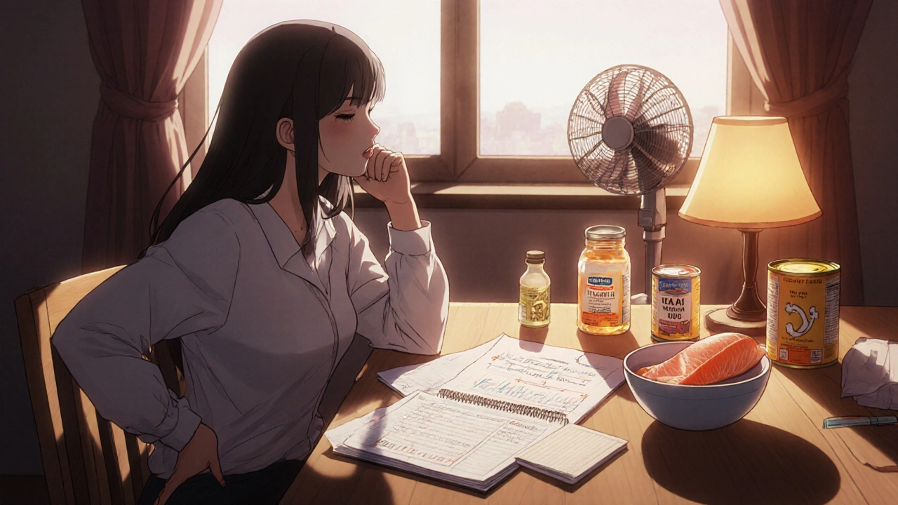 A woman sits at a table with supplements, a DEXA scan, and a journal, symbolizing proactive health management.