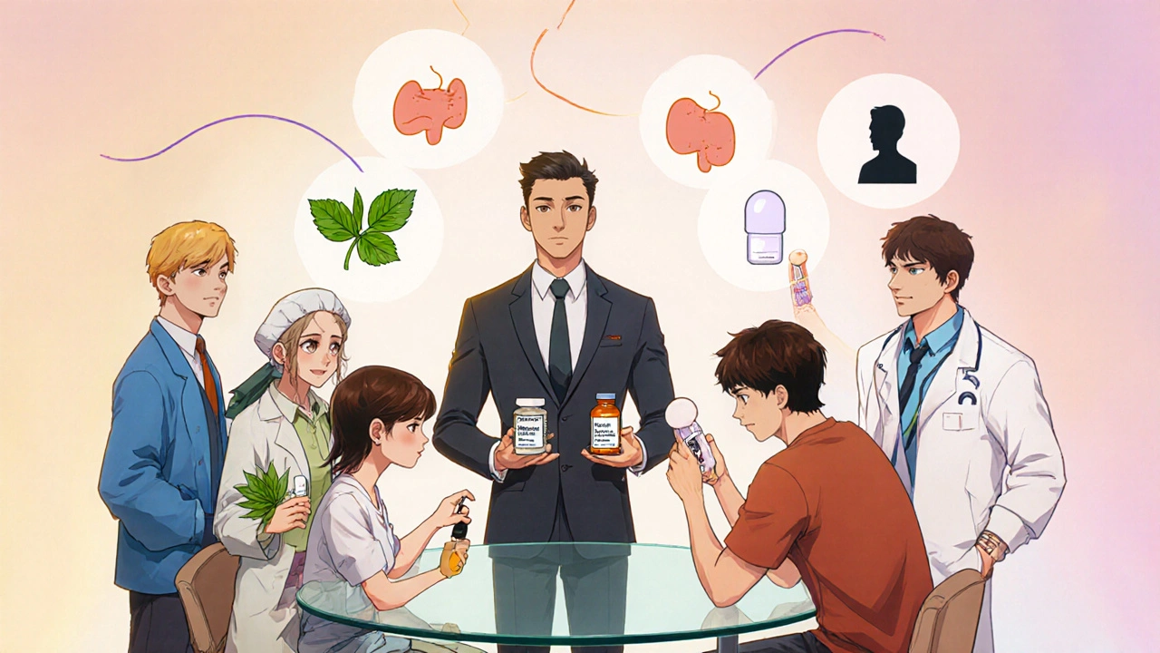 Anime characters personify Dutasteride, Finasterte, Minoxidil, Saw Palmetto, and Testosterone around a table.