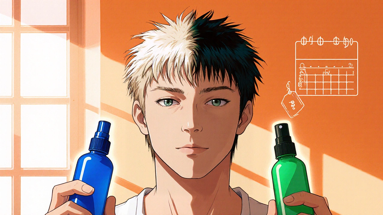 Anime man looks in mirror, half bald half full hair, holding Dutasteride and Minoxidil bottles.