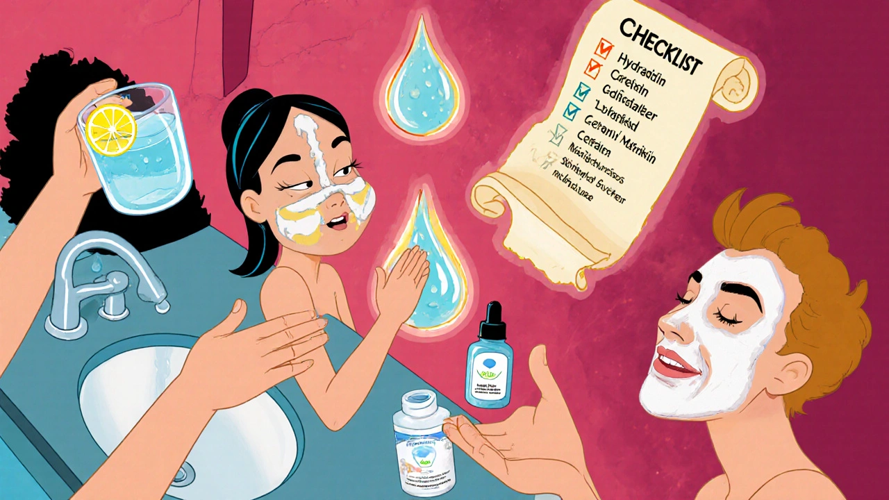Cartoon bathroom routine with water glass, serum, moisturizer, sunscreen, mask, and supplement bottle beside a checklist.