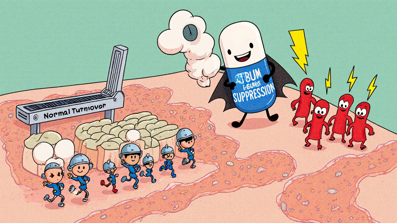 Cartoon skin factory shows Isofair shrinking oil glands and zapping bacteria.
