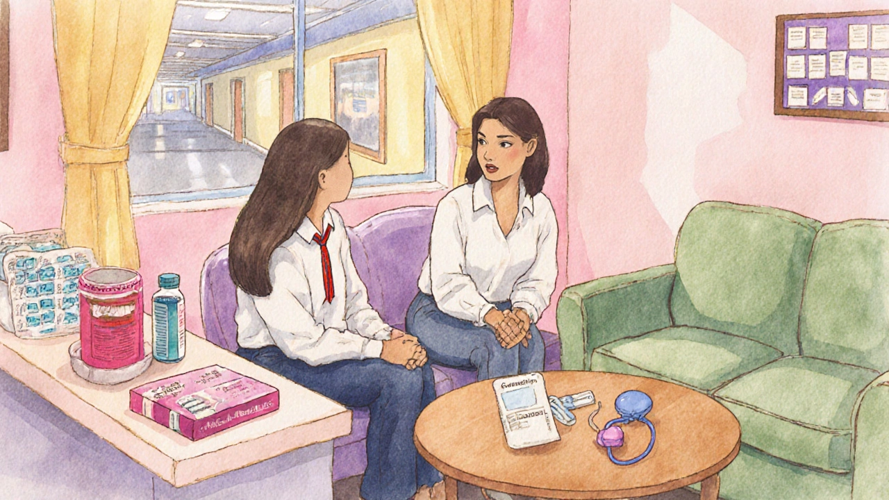 Counseling room showing a health educator talking to a teen with contraceptive items nearby.