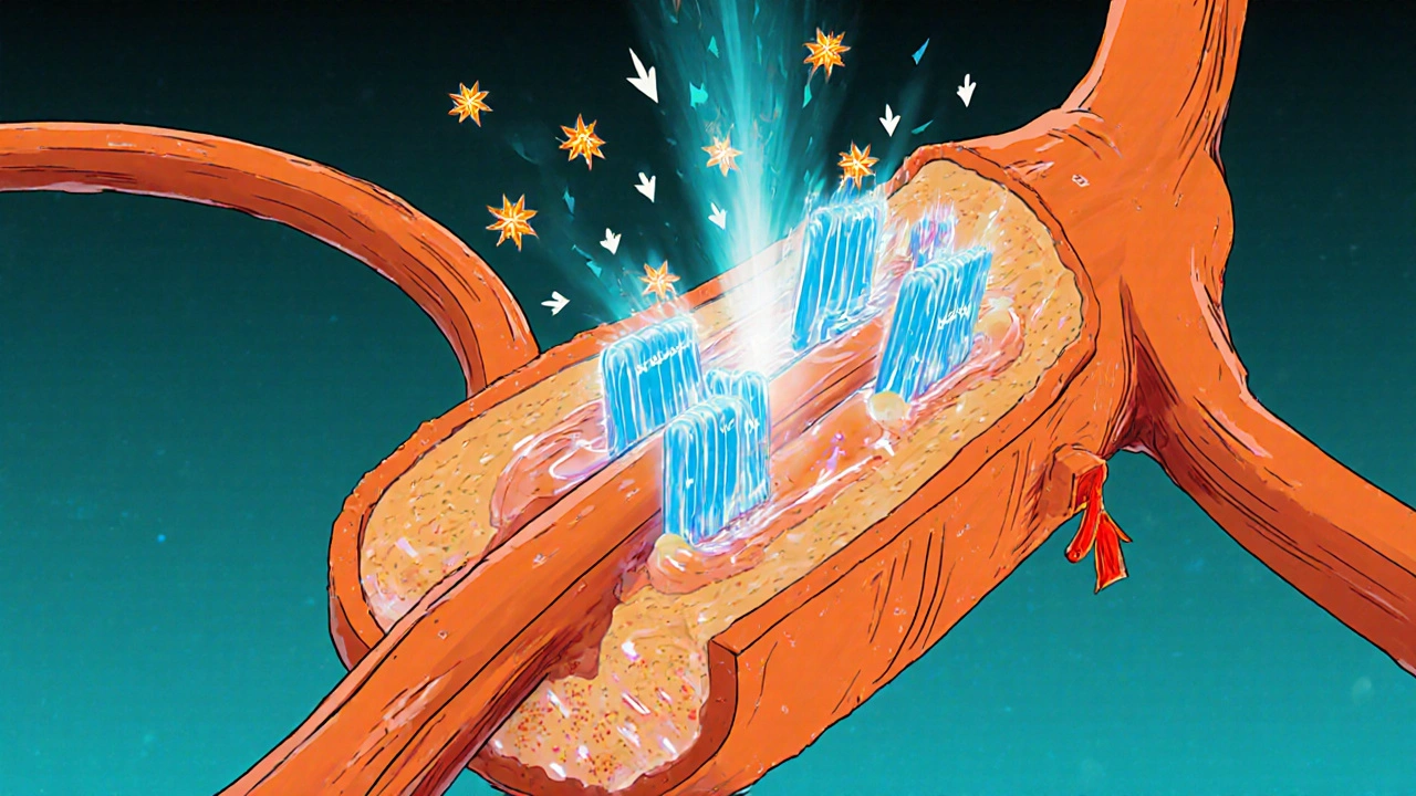 Cross‑section of an artery showing felodipine blocking calcium channels and vessel relaxation.