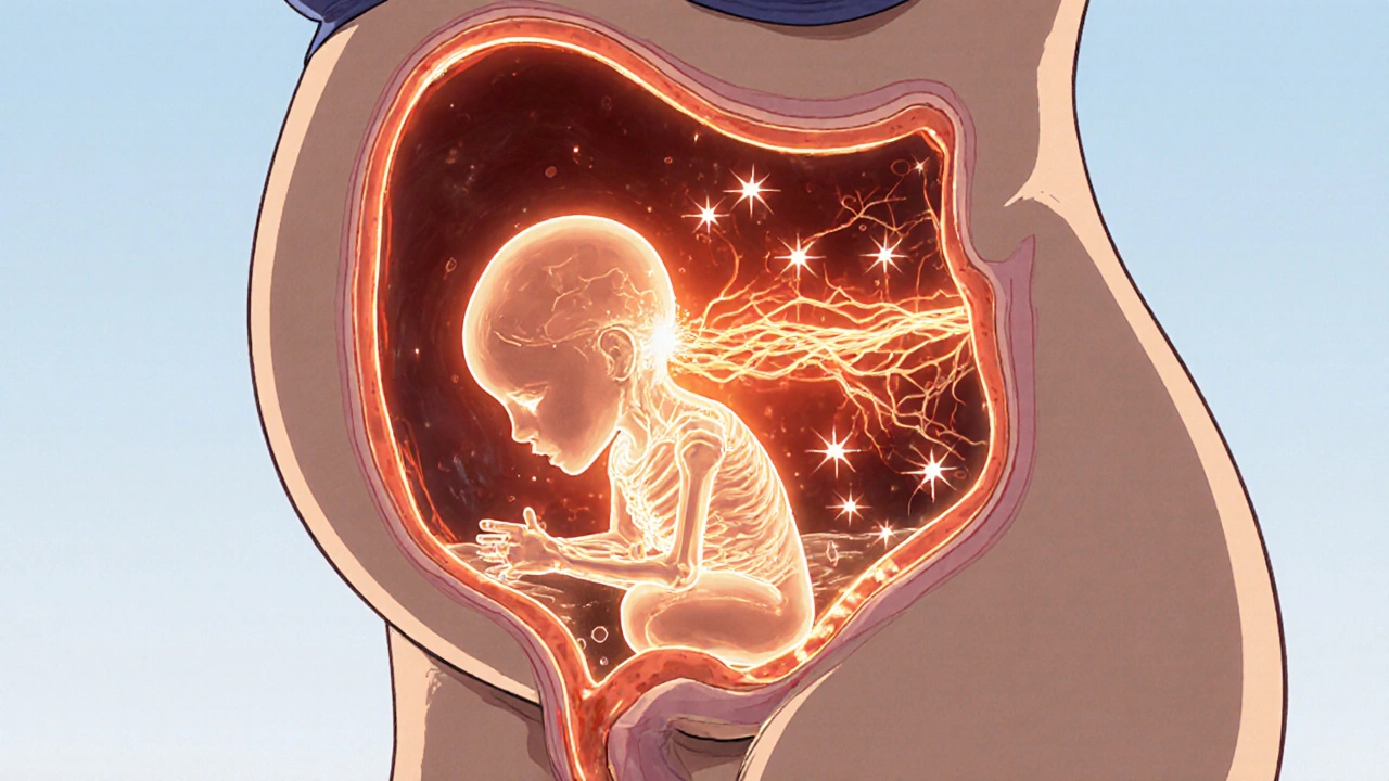 Cutaway view of placenta showing calcitriol carrying calcium to fetus.