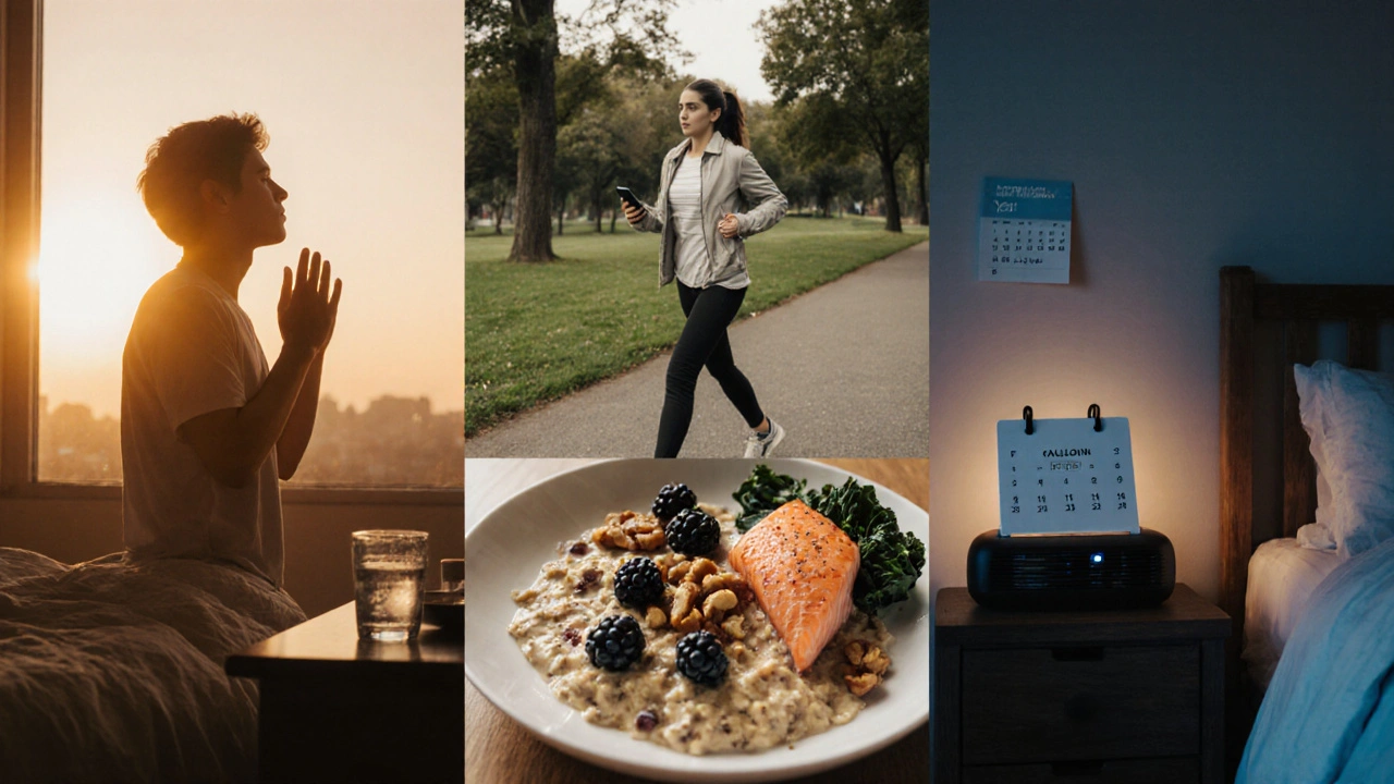 Daily lung‑health checklist visualized from morning breathing to night purifier.