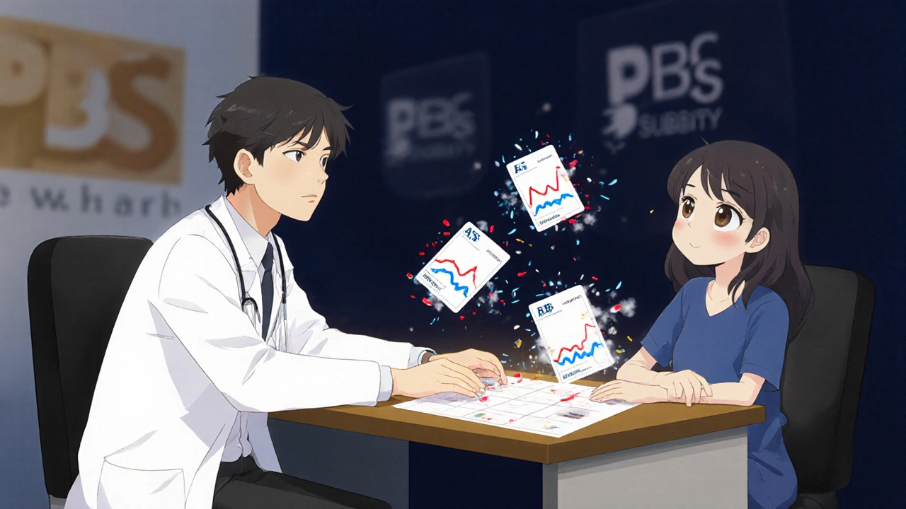 Doctor and patient at a clinic table with floating drug cards showing side effect effects in anime style.