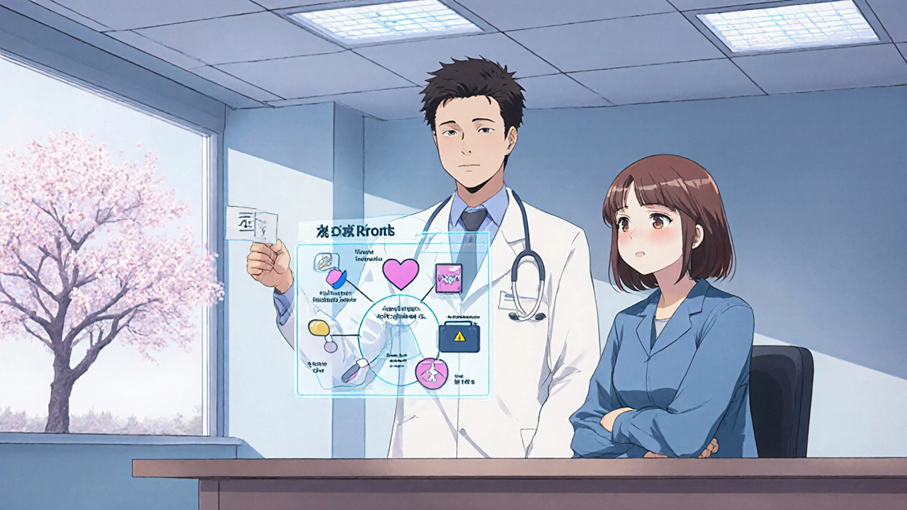 Doctor consulting patient with a holographic chart of progesterone choice factors.