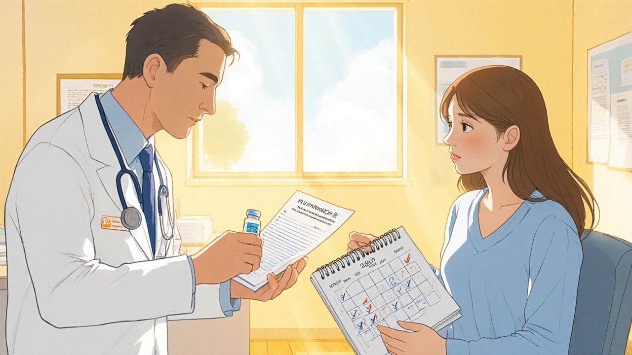 Doctor giving prescription to woman, calendar showing medication schedule.