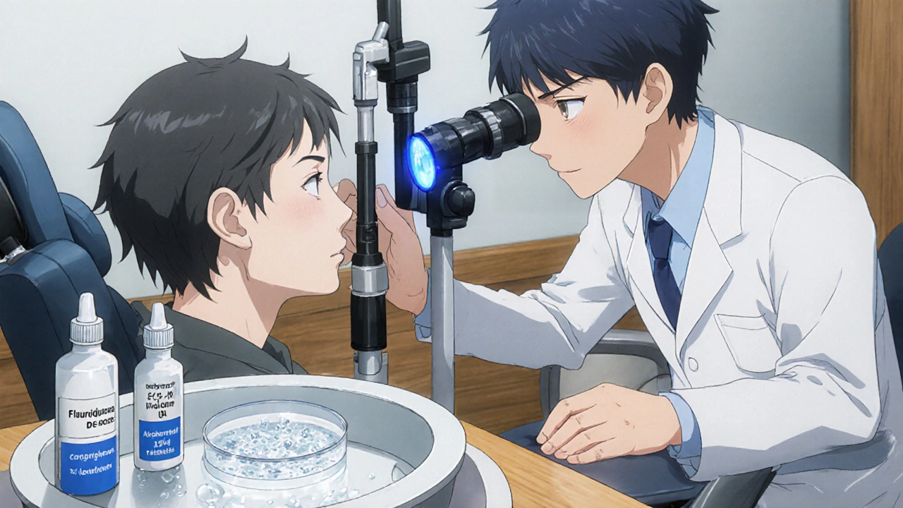 Doctor using a slit‑lamp to examine an eye, with antibiotic drops and a culture dish on the table.