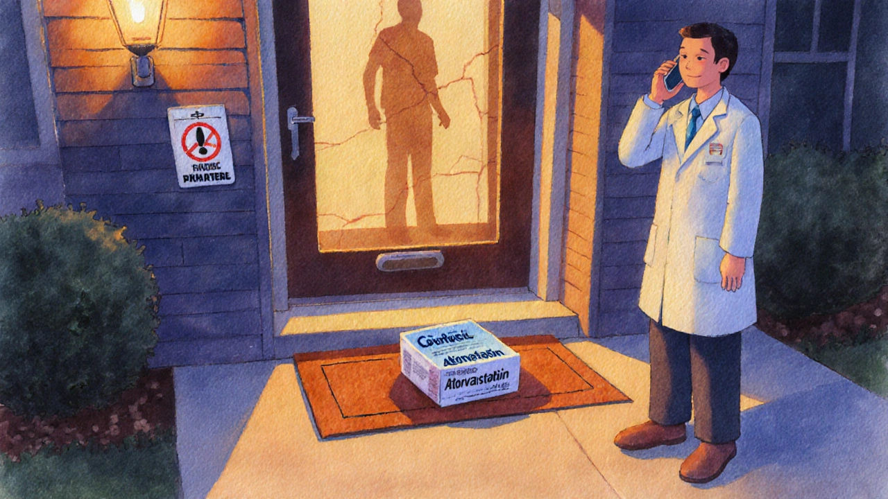 Doorstep delivery of generic atorvastatin with pharmacist consulting homeowner.