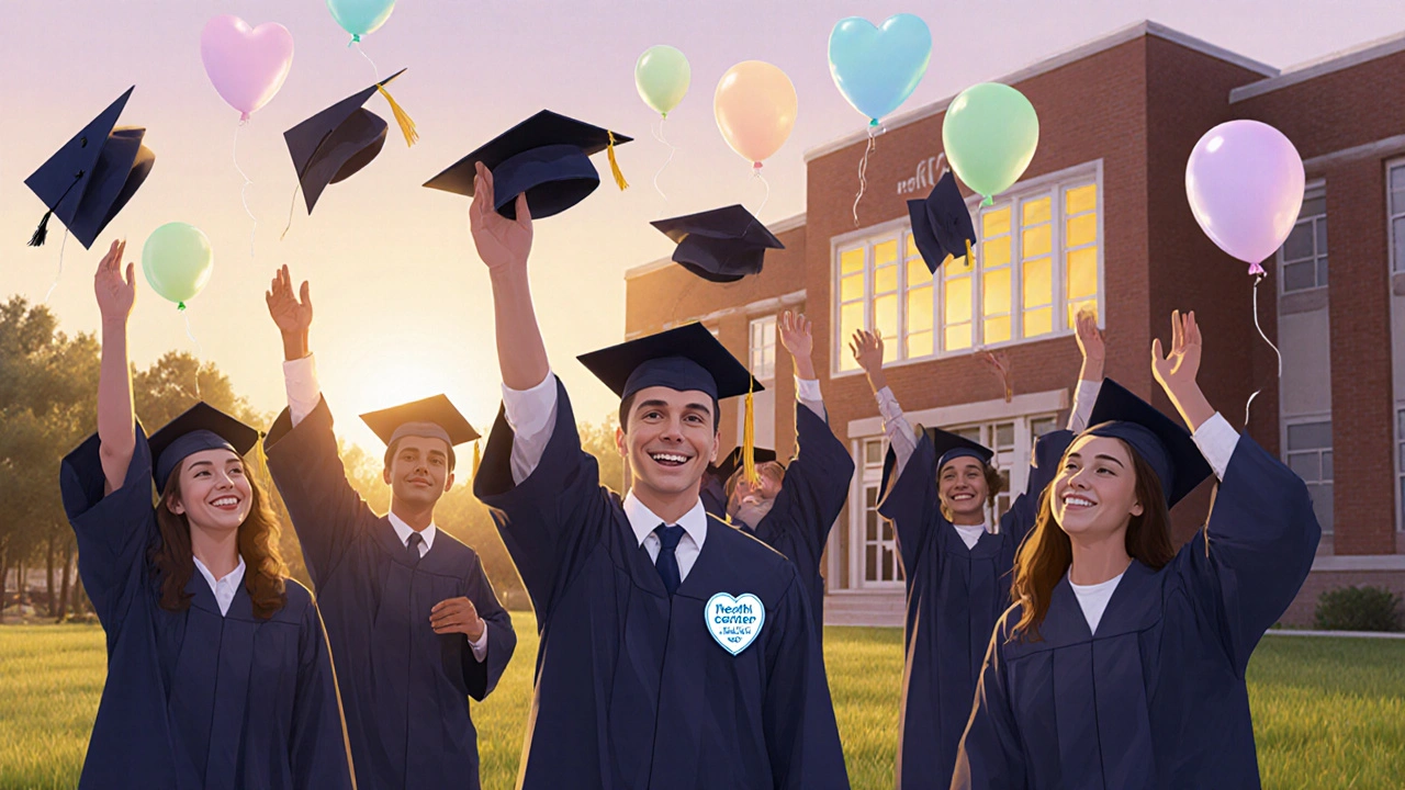 Graduation ceremony with happy students and a visible school health center.