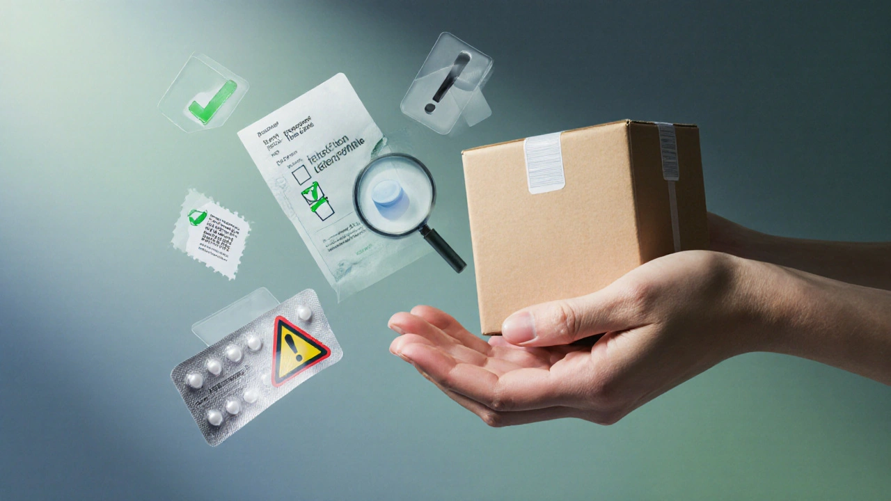 Hand holding a shipped box and blister pack with floating icons of checklist and warnings.