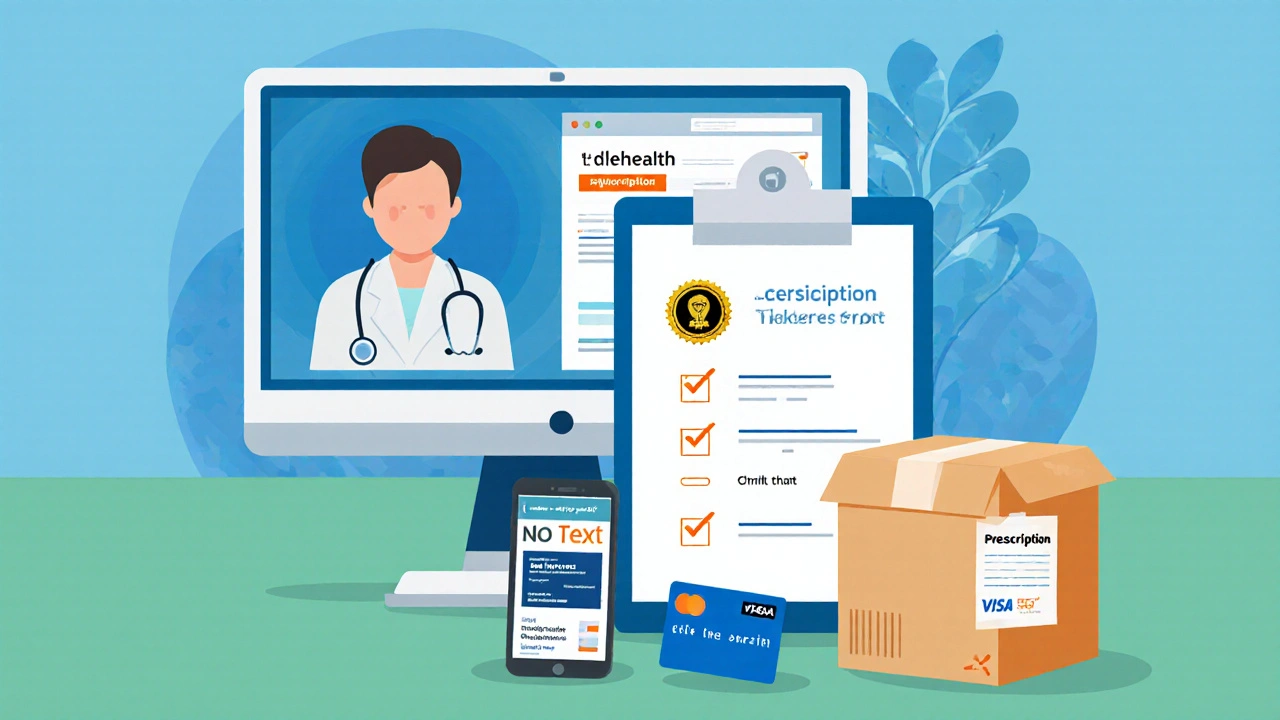 Illustration of online telehealth consultation, pharmacy site, and shipping box.
