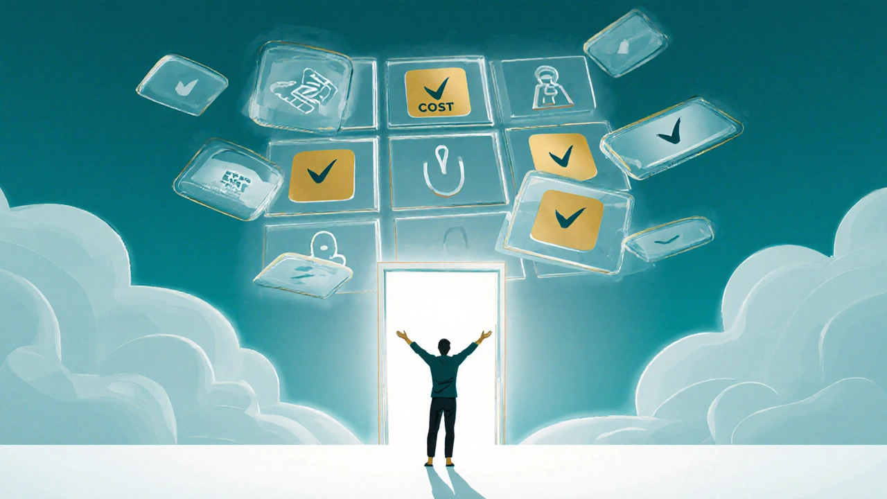 Individual standing before a floating decision matrix, choosing a therapist.