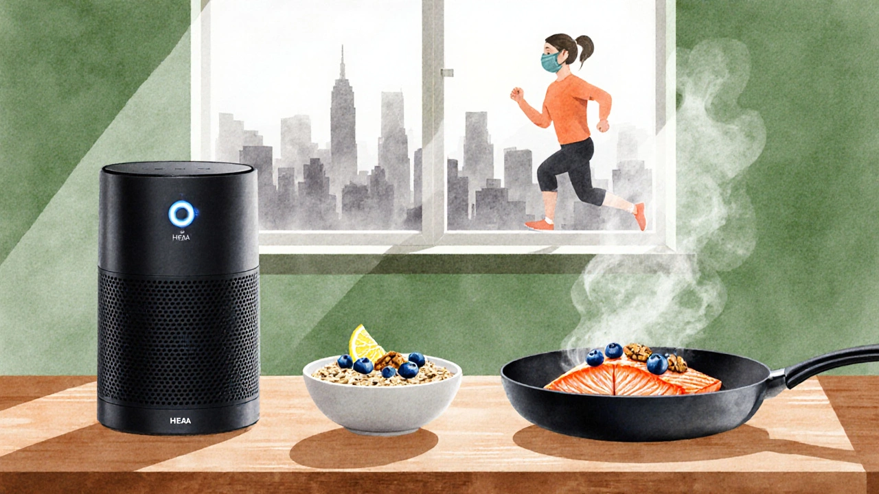Kitchen scene with air purifier, kale salmon meal, and a jogger outside smog.