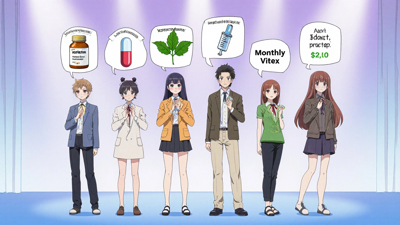 Lineup of characters representing different progesterone options with icons and facts.