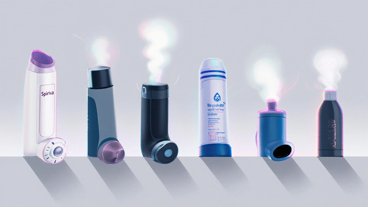 Lineup of six COPD inhalers displayed on a light surface with soft lighting.