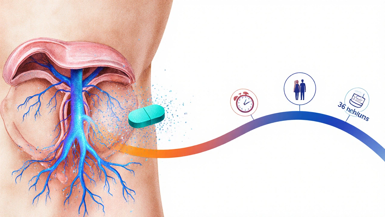 Medical illustration of a pelvic cross‑section showing blood flow and a glowing tadalafil tablet.