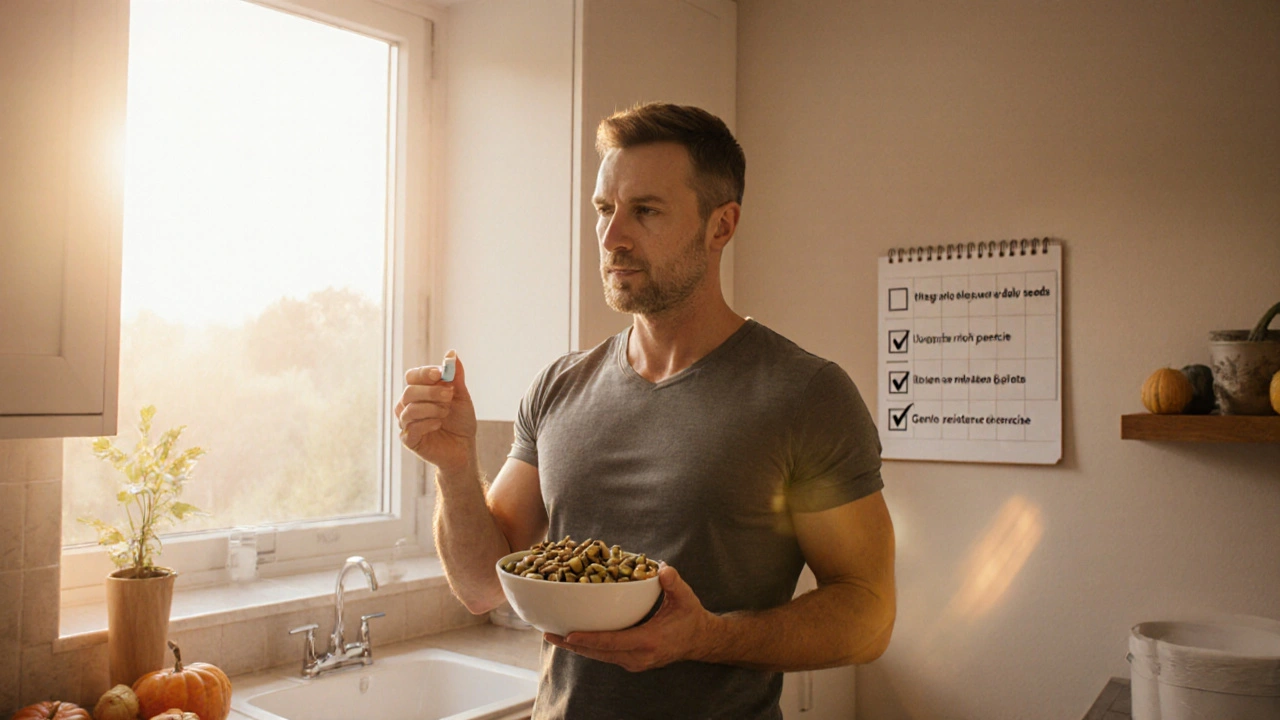 Morning kitchen scene with person taking medication and healthy snacks, checklist visible.