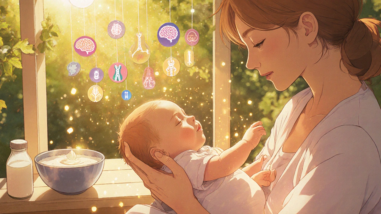 Mother holding newborn on porch with sunlit calcitriol particles surrounding baby.