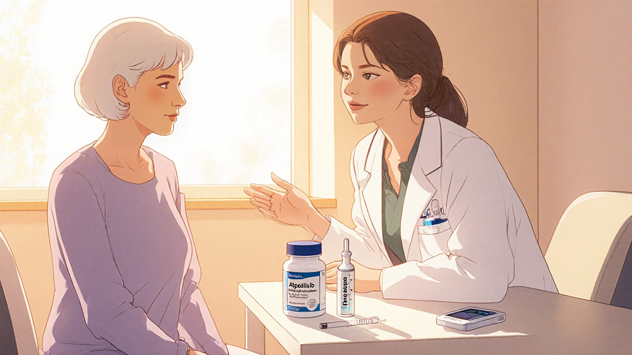 Oncologist and patient discussing Alpelisib treatment with medication bottles on a clinic table.