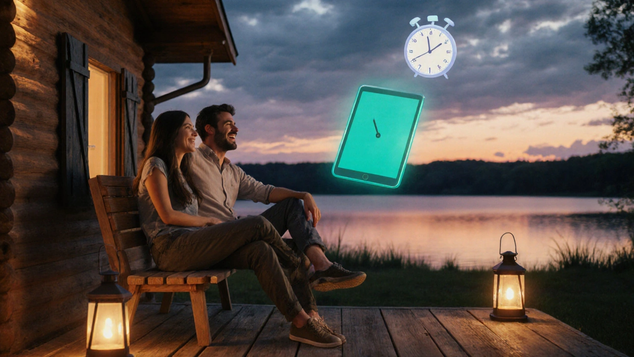Painterly weekend scene with a couple on a porch, a translucent tablet and a faint 36‑hour clock in the sky.