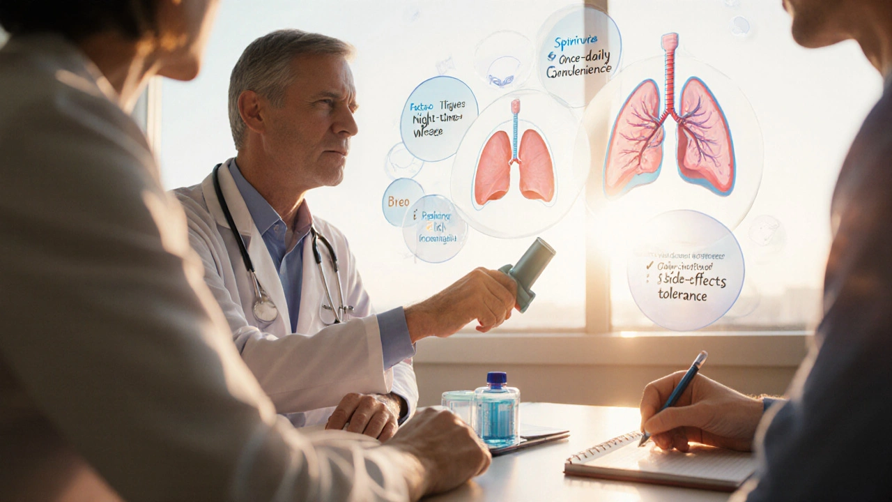 Patient and doctor discussing inhaler options in a bright clinic with floating inhaler icons.