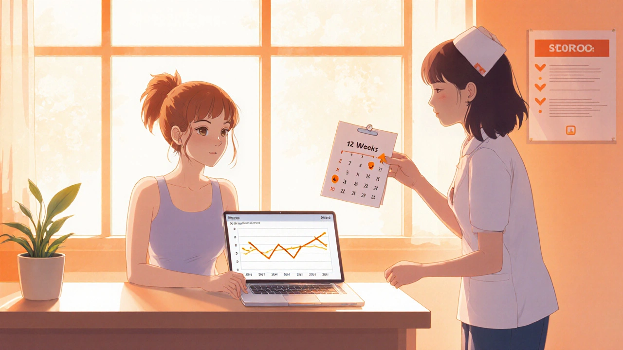 Patient looks healthier at a follow‑up, with calendar marking 12‑week check.