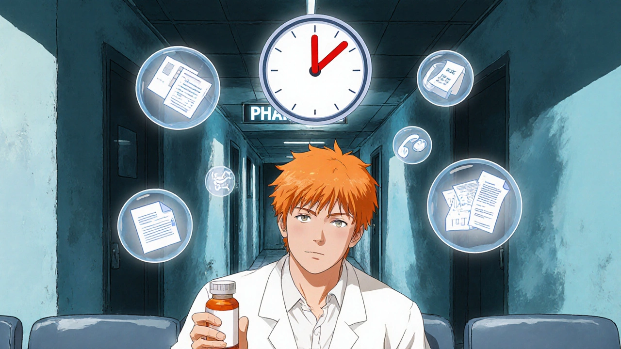 Patient waits anxiously surrounded by icons of phone calls, fax, and a slow portal clock.