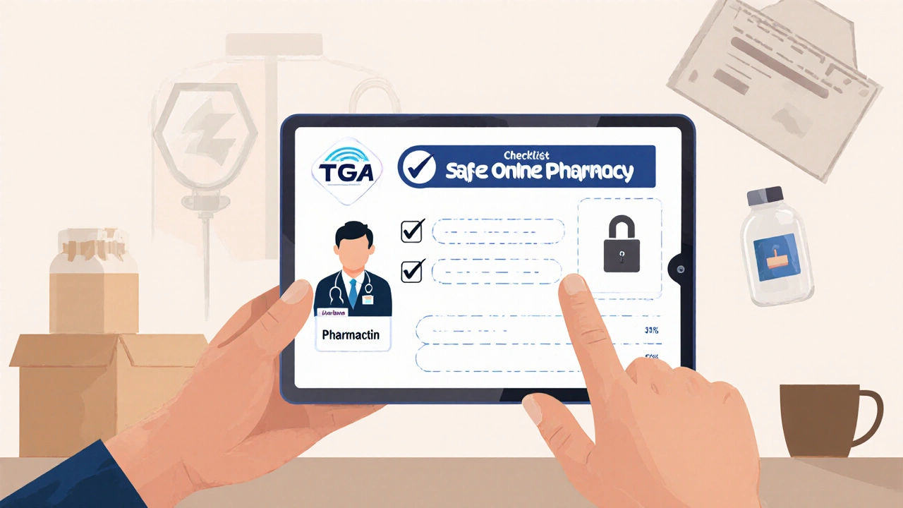 Person at desk reviewing safe pharmacy checklist on tablet with TGA and pharmacist icons.