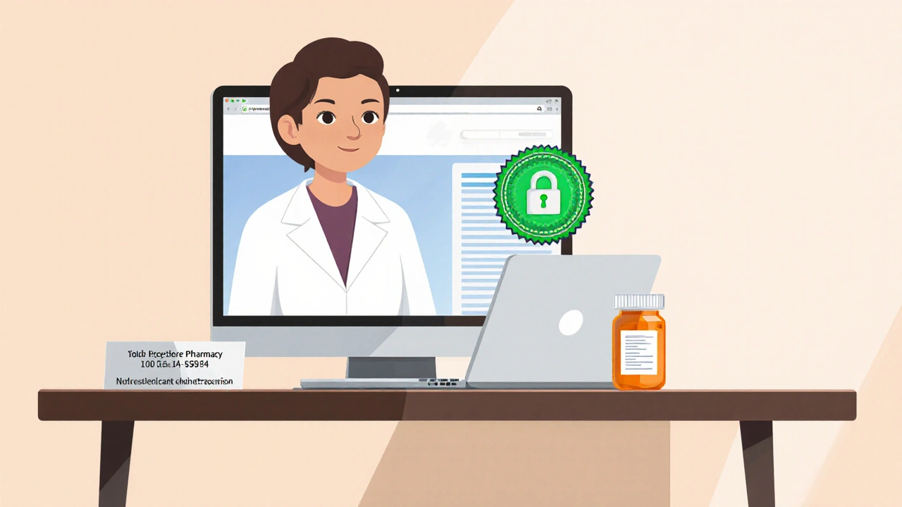 Pharmacist at desk reviewing a pharmacy website with security and accreditation icons.
