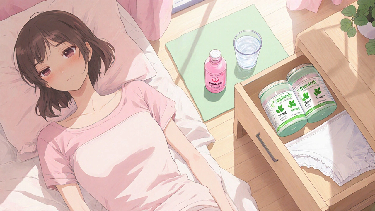 Protagonist with antifungal cream, probiotic pills, water, and cotton underwear.