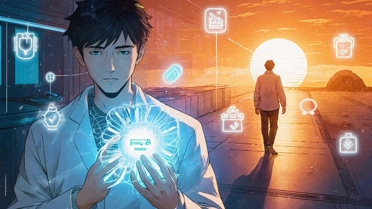 Researcher showing a DNA helix while a patient walks forward under a sunrise, symbolizing future therapy.