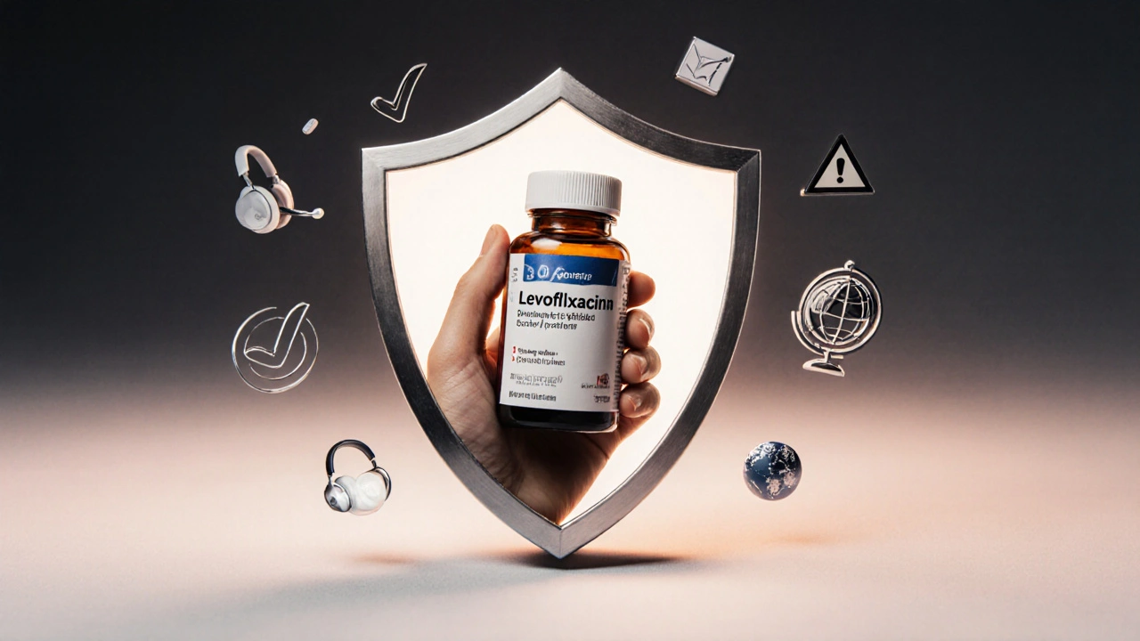 Shield protecting a hand holding a generic levofloxacin bottle with safety icons.