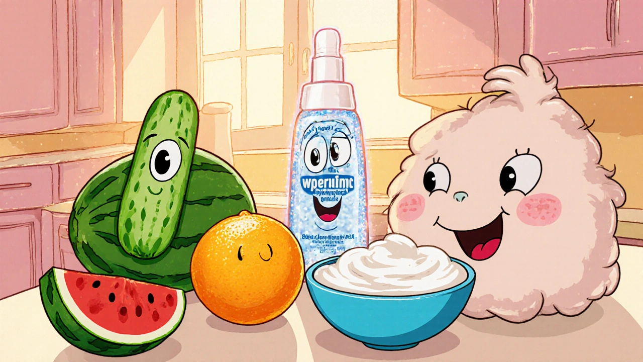 Smiling cucumber, watermelon slice, orange, and Greek yoghurt with serum bottle and moisturizer on kitchen counter.