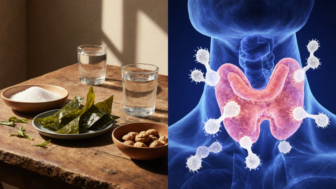 Split scene of iodine‑rich foods beside a thyroid cell under autoimmune attack.