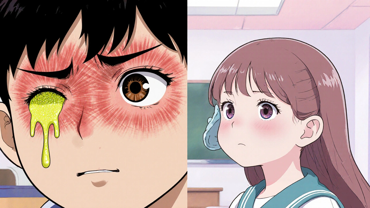 Split view: left eye shows thick colored discharge and intense redness; right eye shows watery clear discharge and mild pinkness.