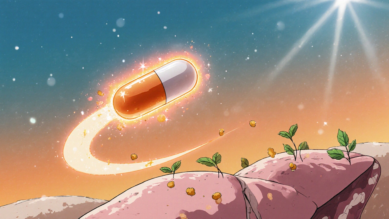 Statin capsule glows orange, turning liver fat specks into green leaves.