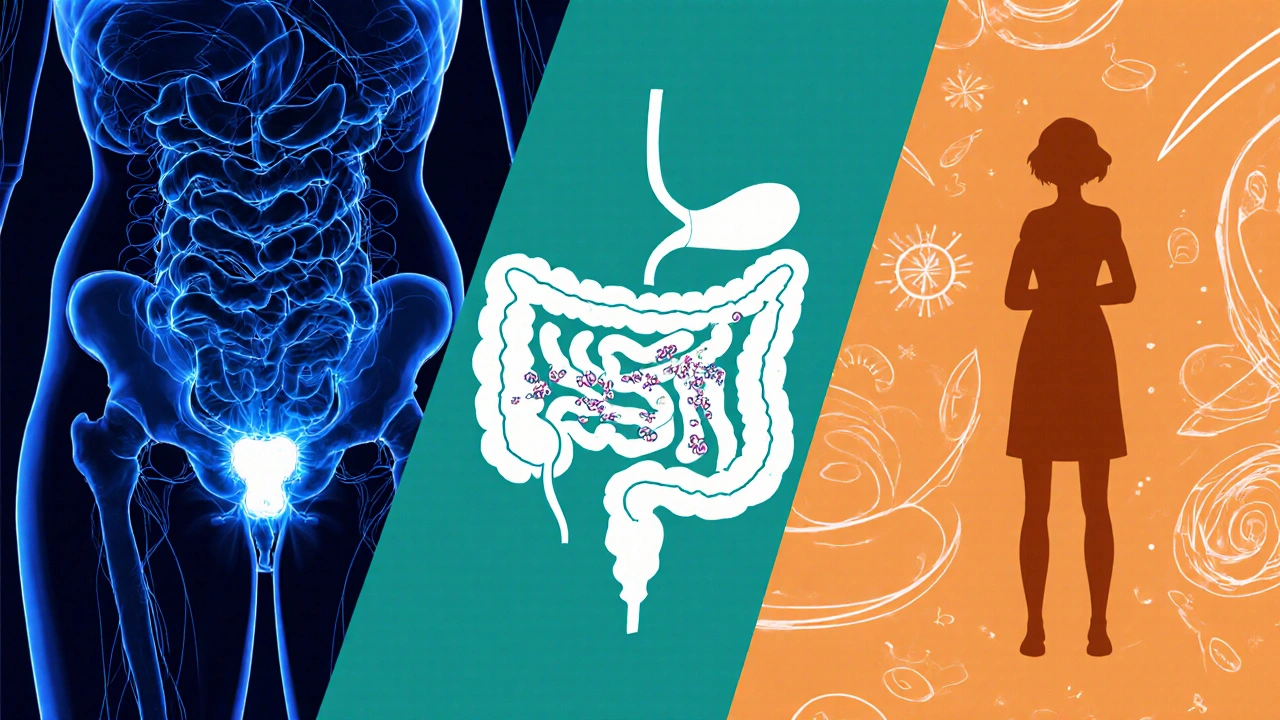 Three panels showing pelvic floor muscles, gut‑bladder axis with bacteria, and stress hormones linking cystitis and IBS.