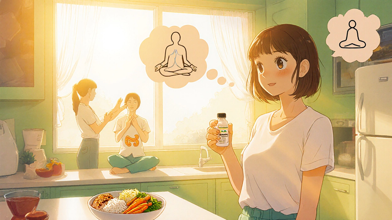 Woman smiling in kitchen holding probiotics, low‑FODMAP foods nearby, with therapist guiding pelvic floor exercises.
