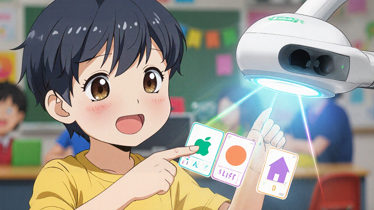 A 4-year-old child pointing at colorful symbols during a vision screening.