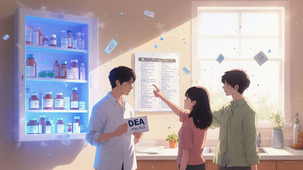 A family beside a smart medicine cabinet with sensors and a mail-back envelope, organized and safe.