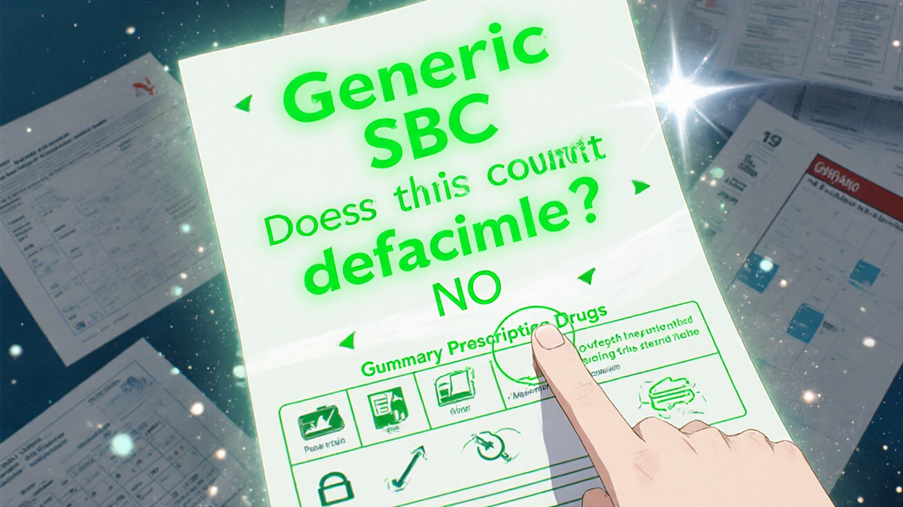 A floating health plan document with glowing text saying &#039;No&#039; to deductible, arrows pointing copays to the out-of-pocket max bar.