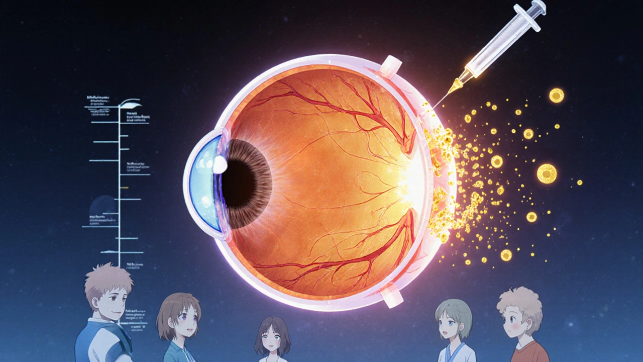 A holographic retinal scan healing with glowing particles, symbolizing treatment progress.