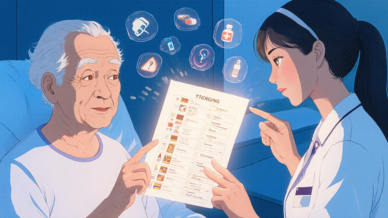 A nurse receiving a medication list from a patient in an emergency room with a translator pointing to items.