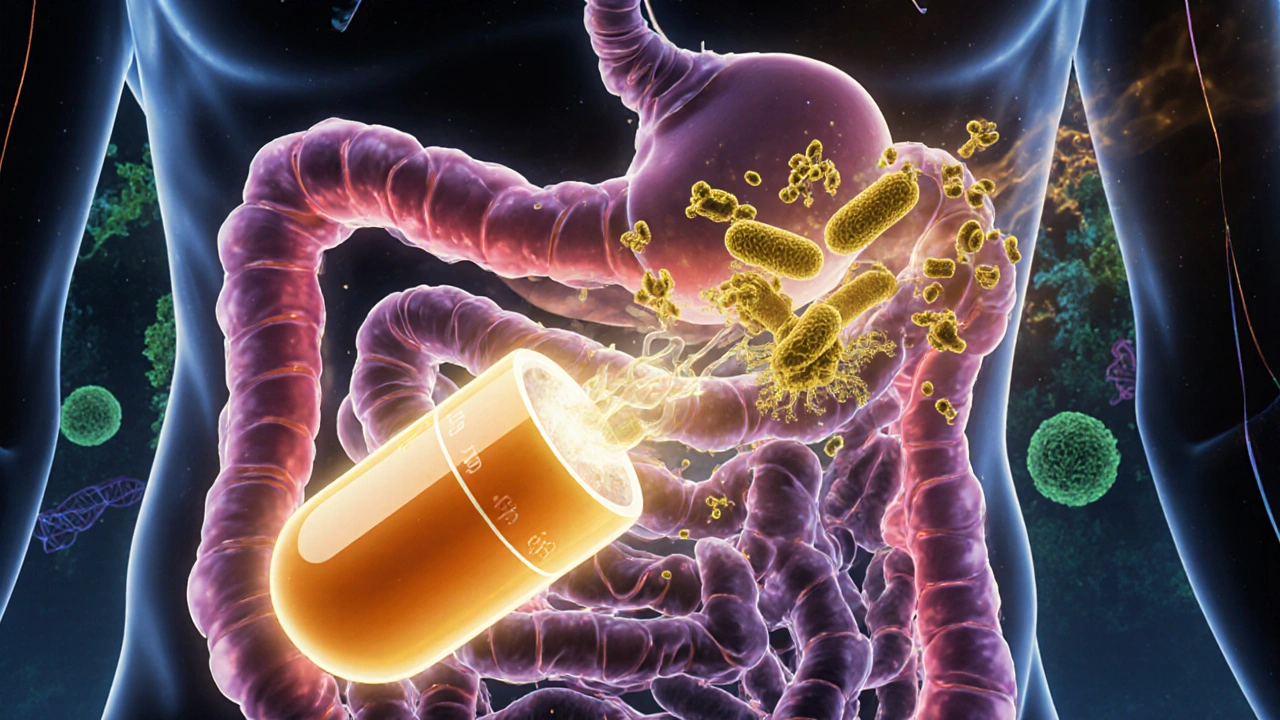 A time-release probiotic capsule releases beneficial microbes in the gut, with yeast surviving antibiotic passage nearby.