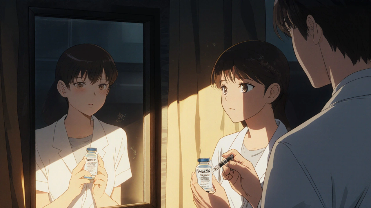 A woman holding an eye injection vial in a clinic, her reflection showing past clear vision.