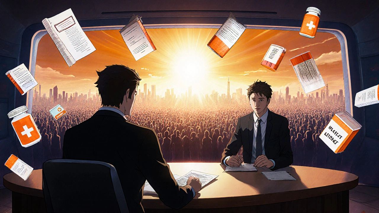 Courtroom scene with generic drug developer facing patent lawyer, patients receiving affordable medicines in background.